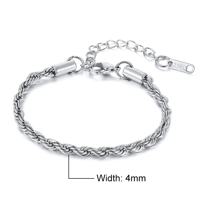 Vnox Basic 2/3/4/5mm Stainless Steel Twisted Rope Chain Bracelets for Men Women,Wrist Christmas Gifts Jewelry,Length Adjustable