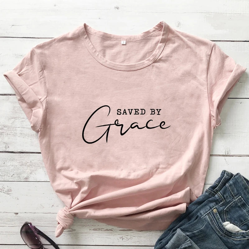 Saved By Grace 100% Baumwolle T-Shirt Damen Religiöses Christliches Bibel Top T-Shirt Lässig Jesus Religion Glaube T-Shirt Camiseta