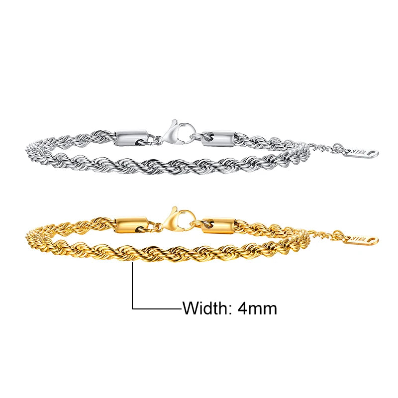 Vnox Basic 2/3/4/5mm Stainless Steel Twisted Rope Chain Bracelets for Men Women,Wrist Christmas Gifts Jewelry,Length Adjustable