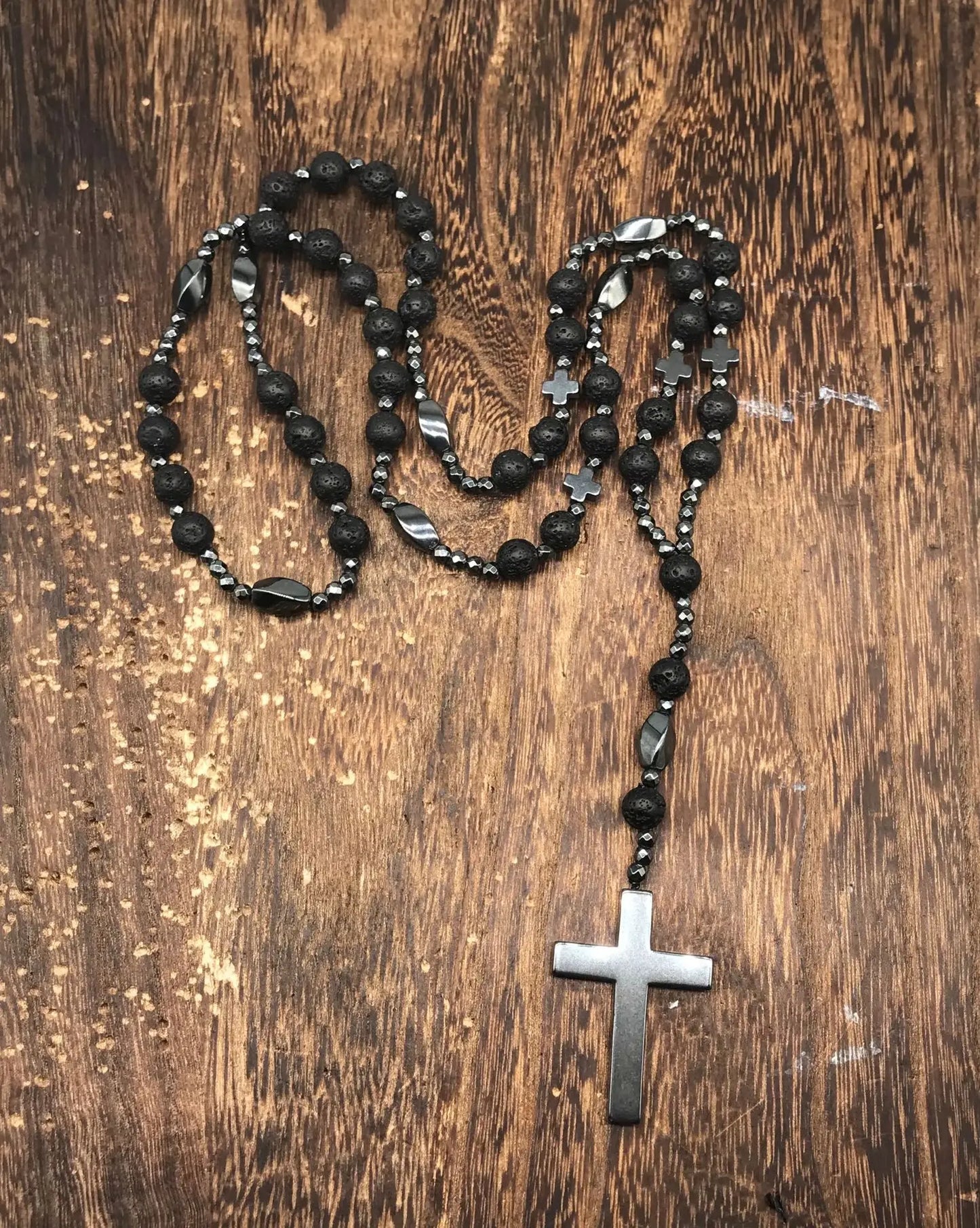 Tiger Eye Stone Bead & Hematite Cross Pendant Necklace for Men Women Catholic Christ Rosary Cross Pendant