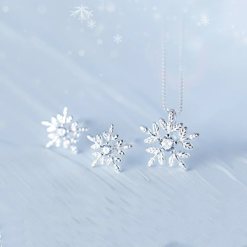 Kreative Inlay Zirkon Schneeflocke Halskette Ohrring Sets für Damen Mädchen Mode 925 Sterling Silber Geschenk Weihnachts Schmuckset
