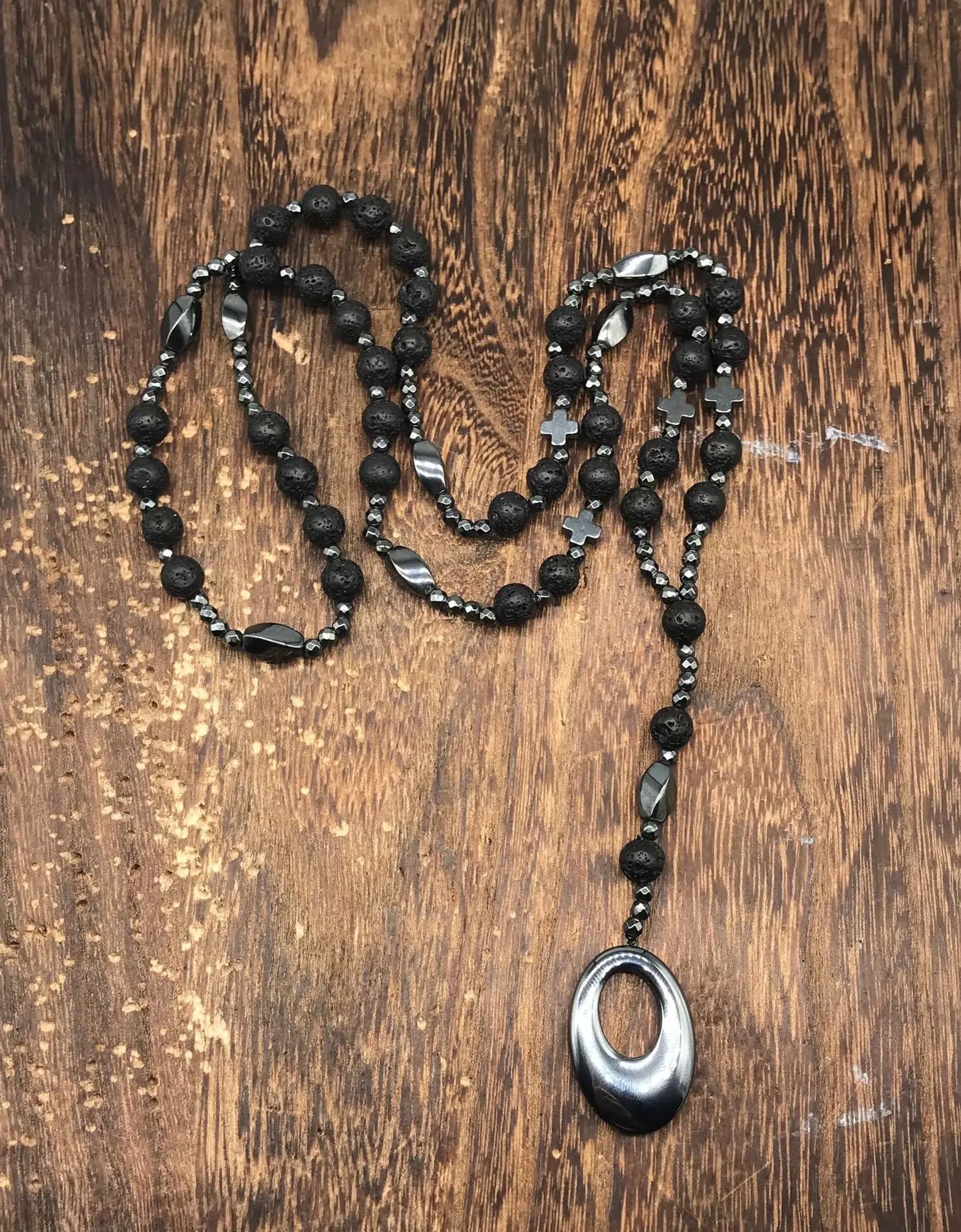 Tiger Eye Stone Bead & Hematite Cross Pendant Necklace for Men Women Catholic Christ Rosary Cross Pendant