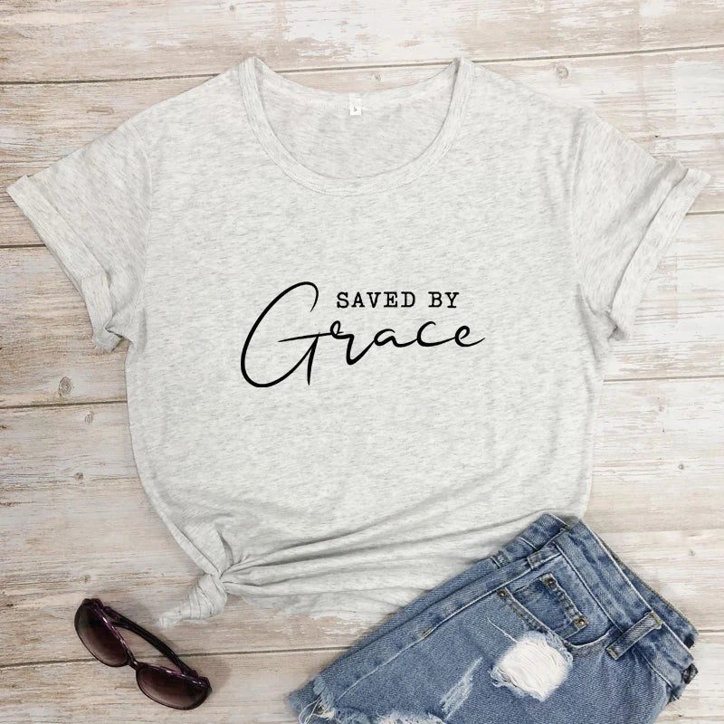 Saved By Grace 100% Baumwolle T-Shirt Damen Religiöses Christliches Bibel Top T-Shirt Lässig Jesus Religion Glaube T-Shirt Camiseta