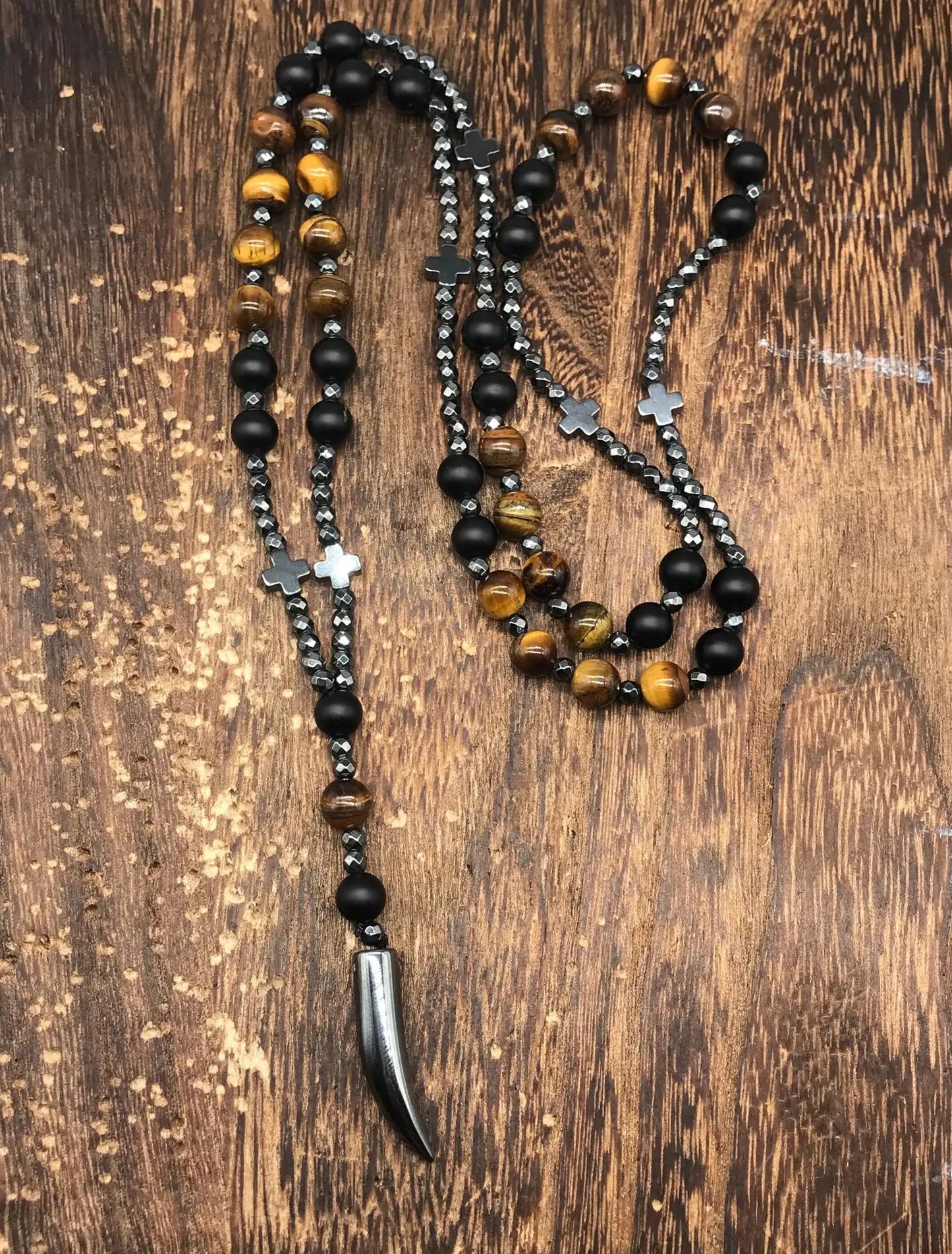 Tiger Eye Stone Bead & Hematite Cross Pendant Necklace for Men Women Catholic Christ Rosary Cross Pendant