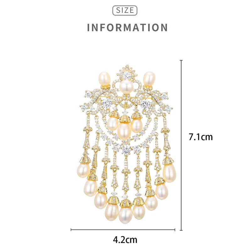 Elegante natürliche Süßwasserperlen-Quastenbroschen Luxus Glänzende Zirkonia-Blumenbrosche Anstecknadel für Damen Schmuck Weihnachtsgeschenke