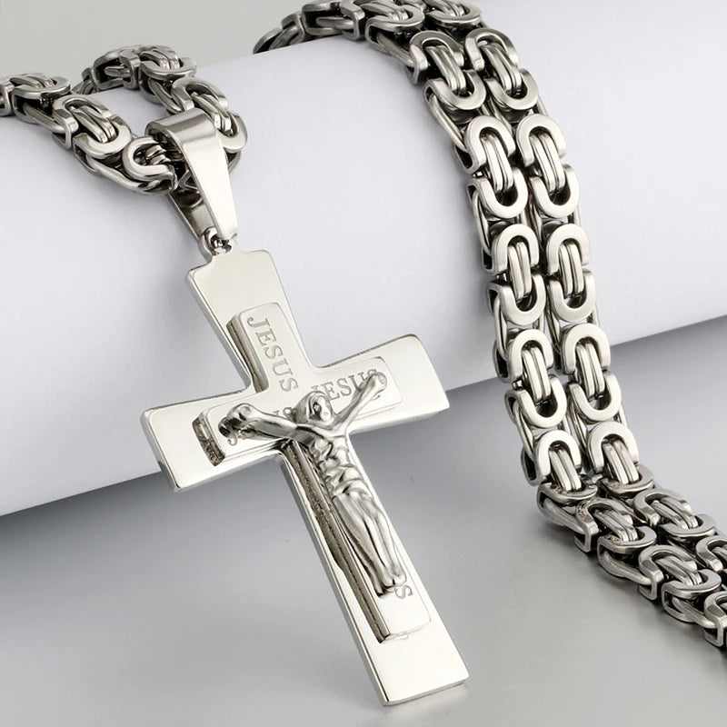 Katholische Jesus Christus Kreuz Anhänger Halskette Edelstahl Lange Byzantinerkette Kruzifix Kreuz Halskette