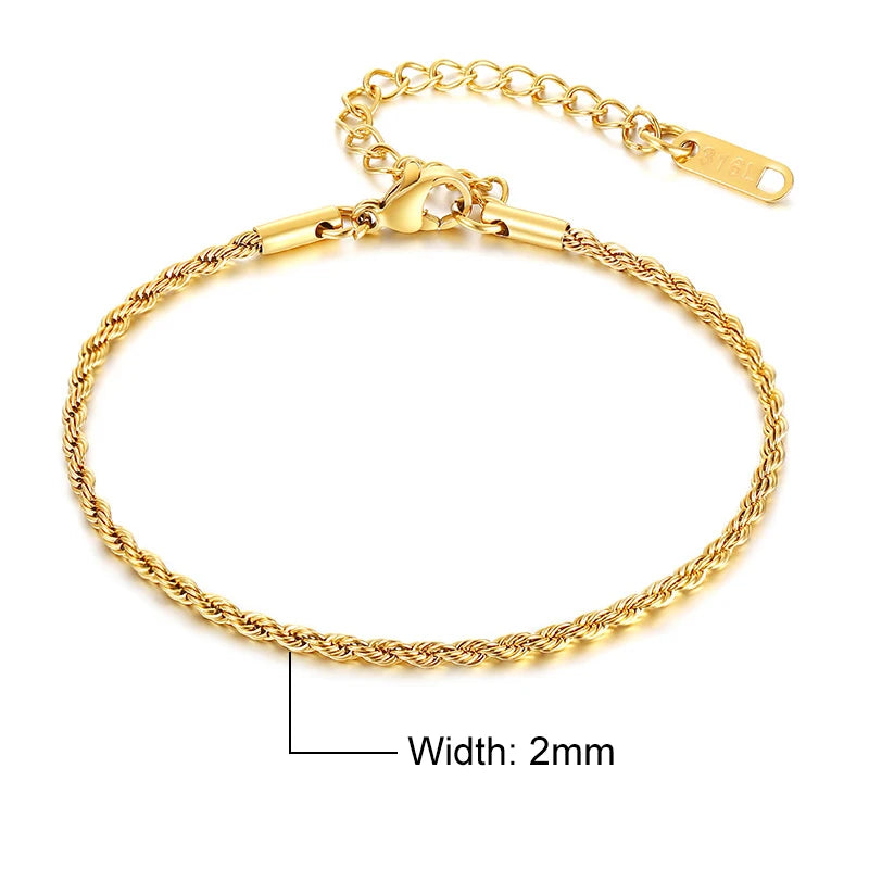 Vnox Basic 2/3/4/5mm Stainless Steel Twisted Rope Chain Bracelets for Men Women,Wrist Christmas Gifts Jewelry,Length Adjustable
