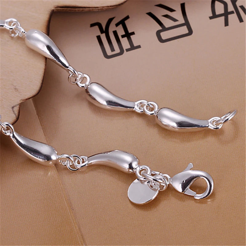 DOTEFFIL 925 Sterling Silver 18 Inch Chain Water Drops Chain Necklace Bracelet Earring Ring Set For Women Wedding Jewelry