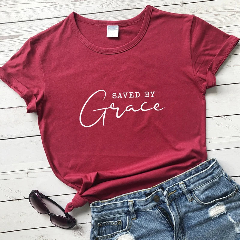 Saved By Grace 100% Baumwolle T-Shirt Damen Religiöses Christliches Bibel Top T-Shirt Lässig Jesus Religion Glaube T-Shirt Camiseta