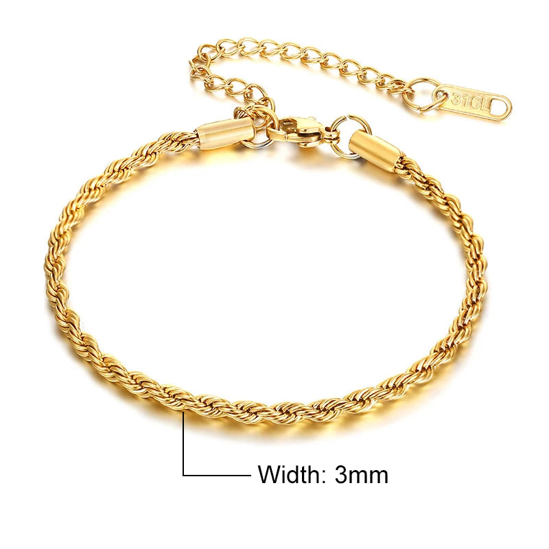 Vnox Basic 2/3/4/5mm Stainless Steel Twisted Rope Chain Bracelets for Men Women,Wrist Christmas Gifts Jewelry,Length Adjustable