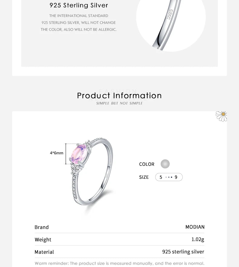 MODIAN 925 Sterling Silber Rosa Mondstein Eleganter Stapelbarer Fingerring Eternity Bands für Damen Weihnachtsgeschenke Feiner Schmuck