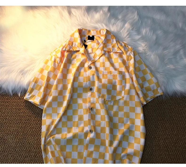 Casual Shirts Women Panelled Plaid Fashion Loose Couples Elegant All-match Summer Blouses Cool Girls Retro Students Chic Unisex