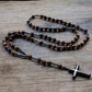 Tiger Eye Stone Bead & Hematite Cross Pendant Necklace for Men Women Catholic Christ Rosary Cross Pendant