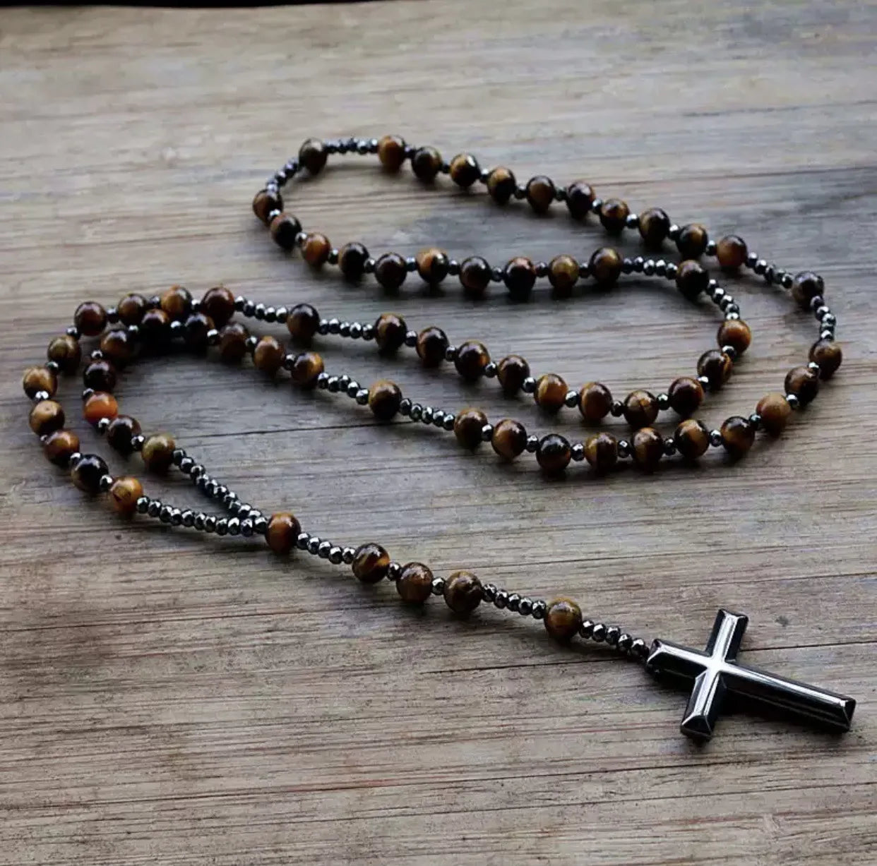 Tiger Eye Stone Bead & Hematite Cross Pendant Necklace for Men Women Catholic Christ Rosary Cross Pendant