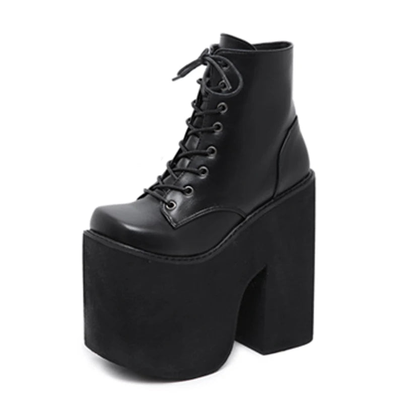 Gdgydh Chunky Heel Motorcycle Boots Women Platform Ankle Boots Lace Up Punk Cosplay Thick Sole Goth Girls Shoes Big Size 43