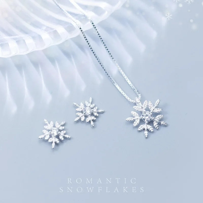 Kreative Inlay Zirkon Schneeflocke Halskette Ohrring Sets für Damen Mädchen Mode 925 Sterling Silber Geschenk Weihnachts Schmuckset