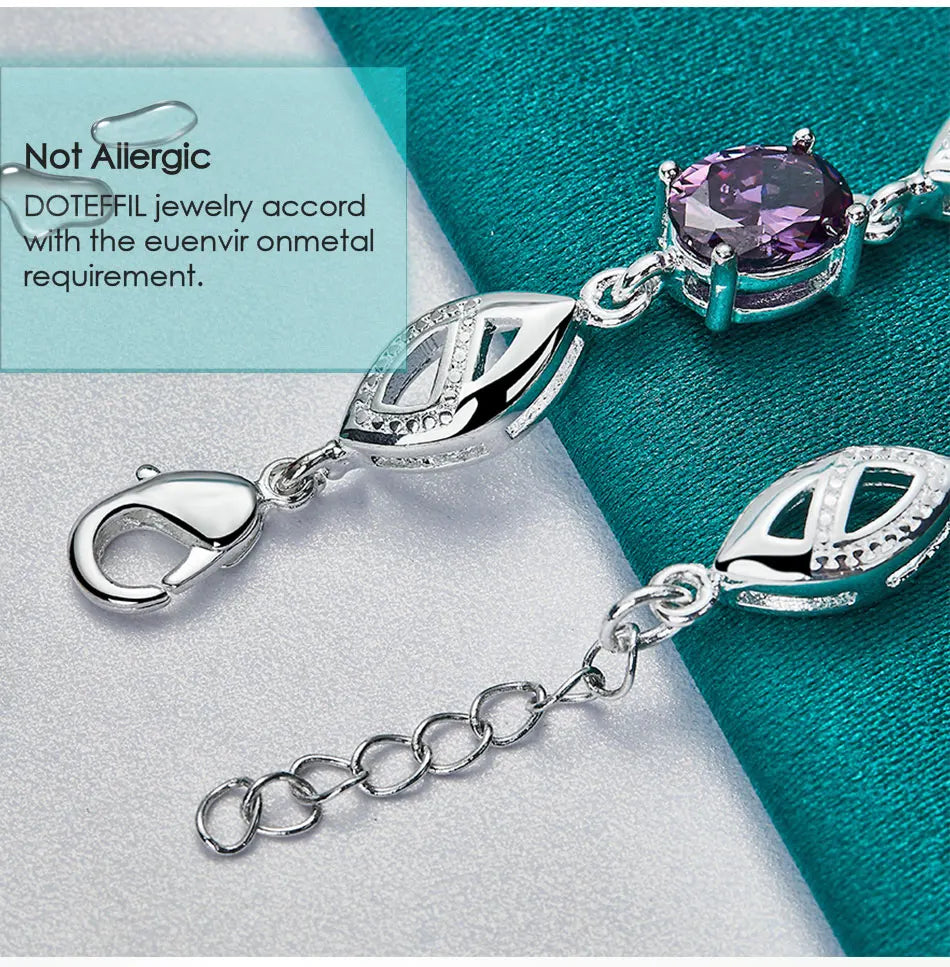 DOTEFFIL 925 Sterling Silber Lila Große AAA Zirkon Armbandkette für Damen Schmuck Verlobung Party Weihnachtsgeschenk