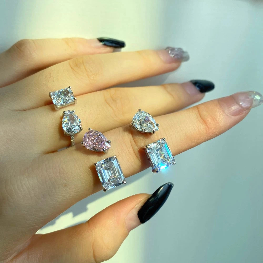 Wong Rain 100% 925 Sterling Silver Emerald Cut Created Moissanite Gemstone Wedding Party Open Ring Fine Jewelry Christmas Gifs