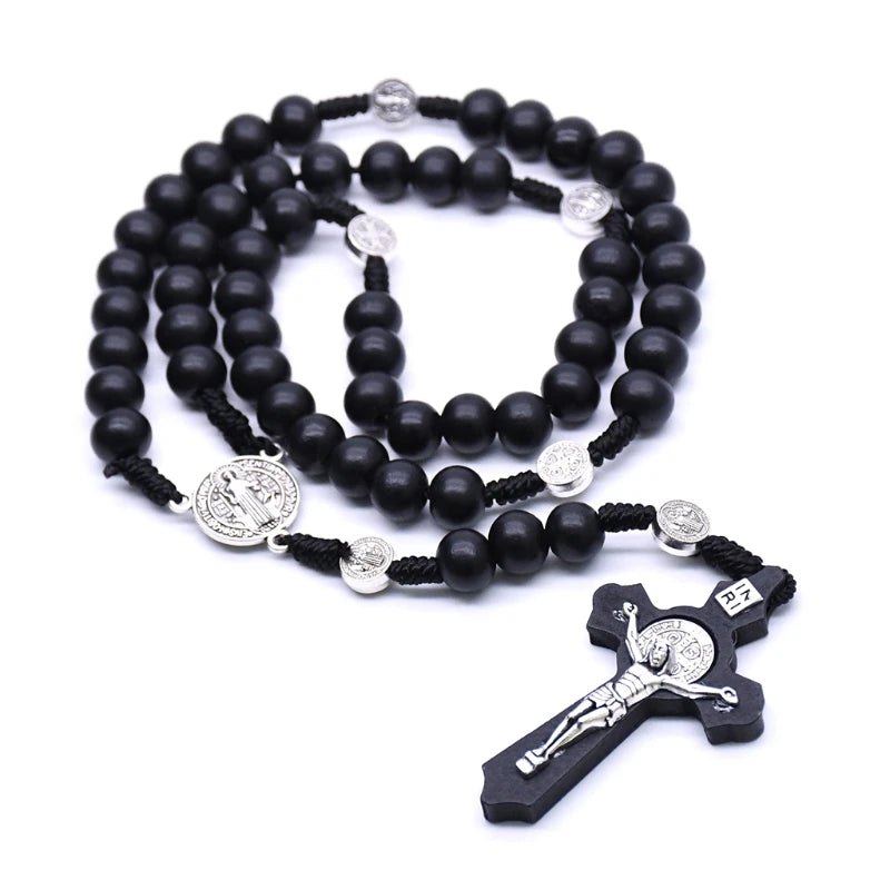 Black Wooden Christ Jesus Cross Religious Necklace Catholic Rosary Necklace Church Souvenirs Prayer Pendant Necklace