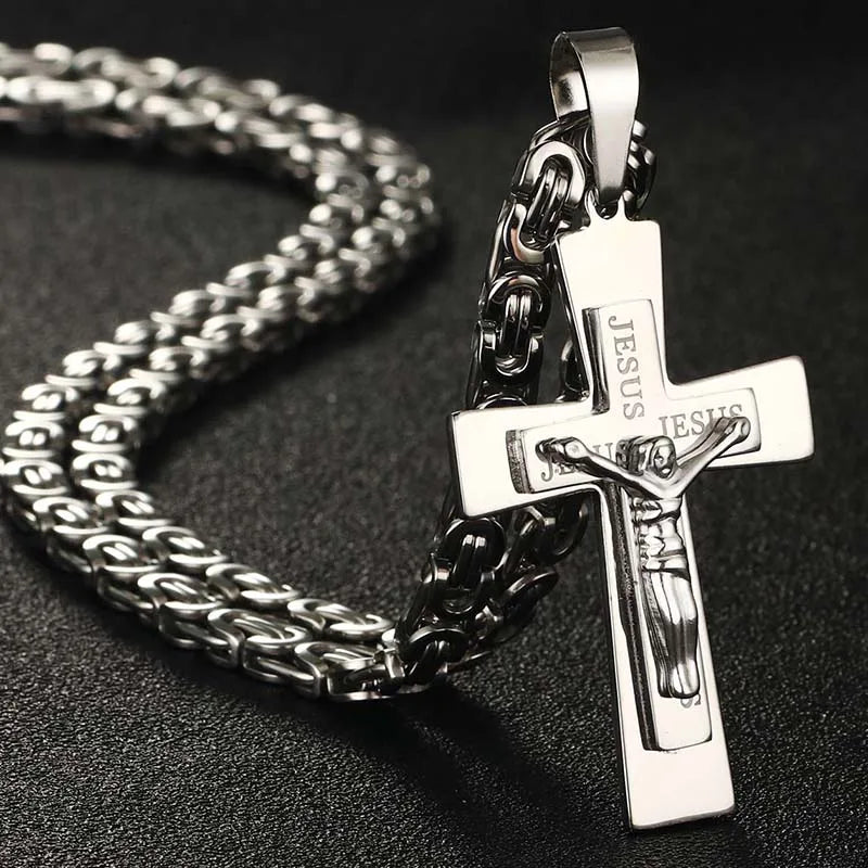 Katholische Jesus Christus Kreuz Anhänger Halskette Edelstahl Lange Byzantinerkette Kruzifix Kreuz Halskette