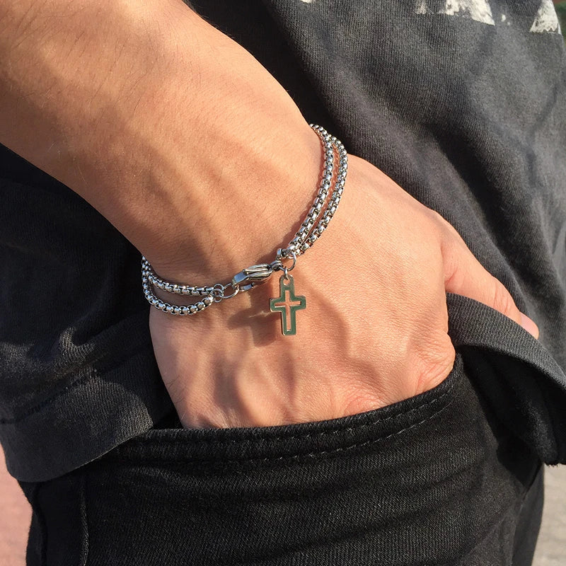 Vnox Einfache, geschichtete 3mm Rolo-Kettenarmbänder für Herren, rundes Kettenglied mit Kreuz-Anhänger, Armband, Christusgebet, Vintage-Freizeitgeschenk