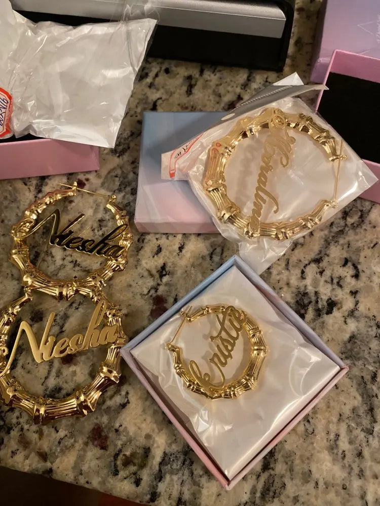 DOREMI Stainless Steel Bamboo Hoop Earrings Customize Name Earrings Bamboo Style Custom Hoop Earring With Statement Words Number