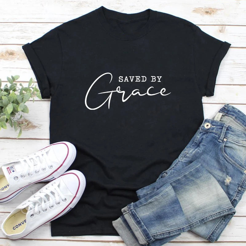 Saved By Grace 100% Baumwolle T-Shirt Damen Religiöses Christliches Bibel Top T-Shirt Lässig Jesus Religion Glaube T-Shirt Camiseta