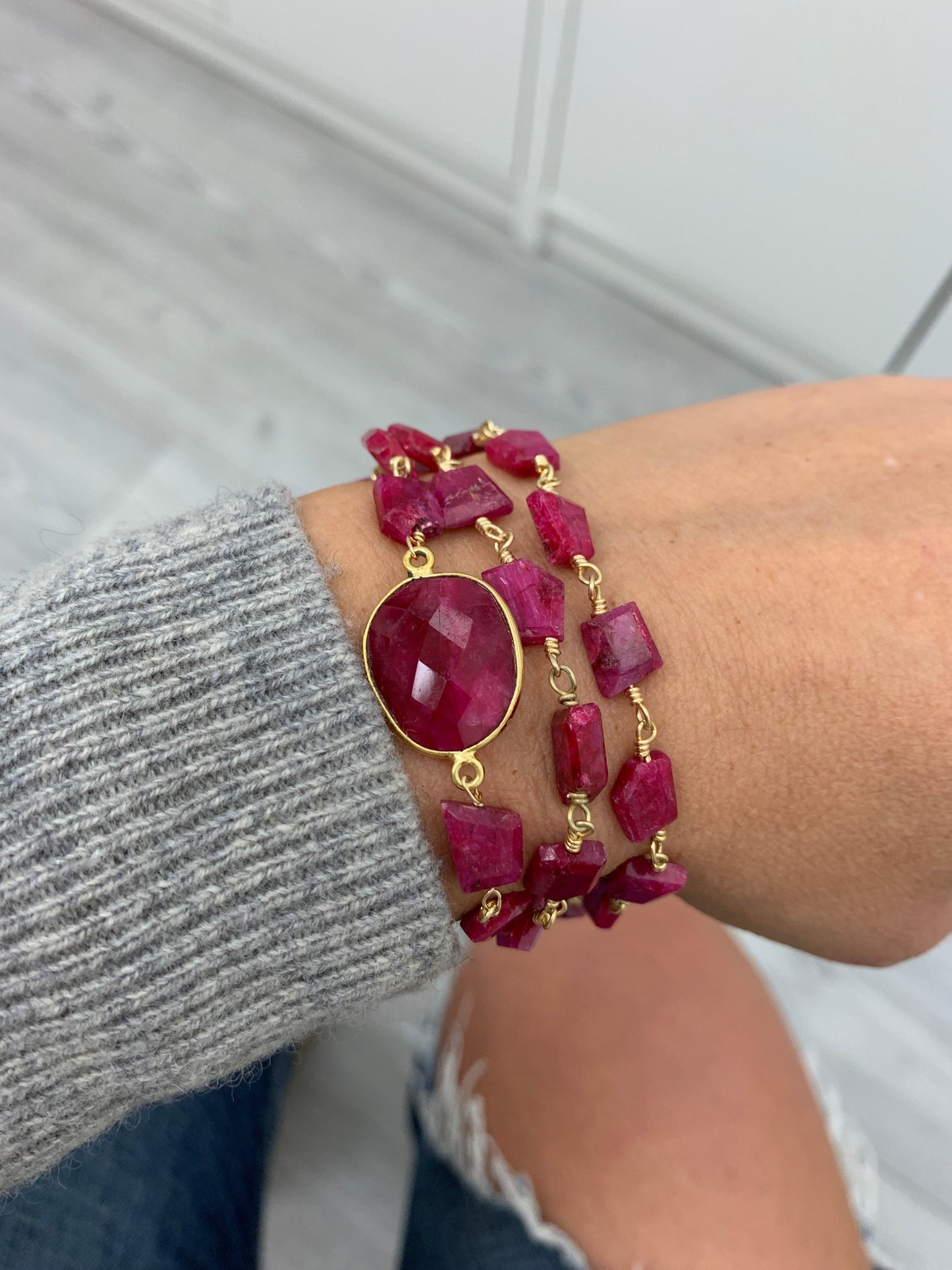 Hana Wrap Bracelet/Necklace in Ruby - Chunky Stone