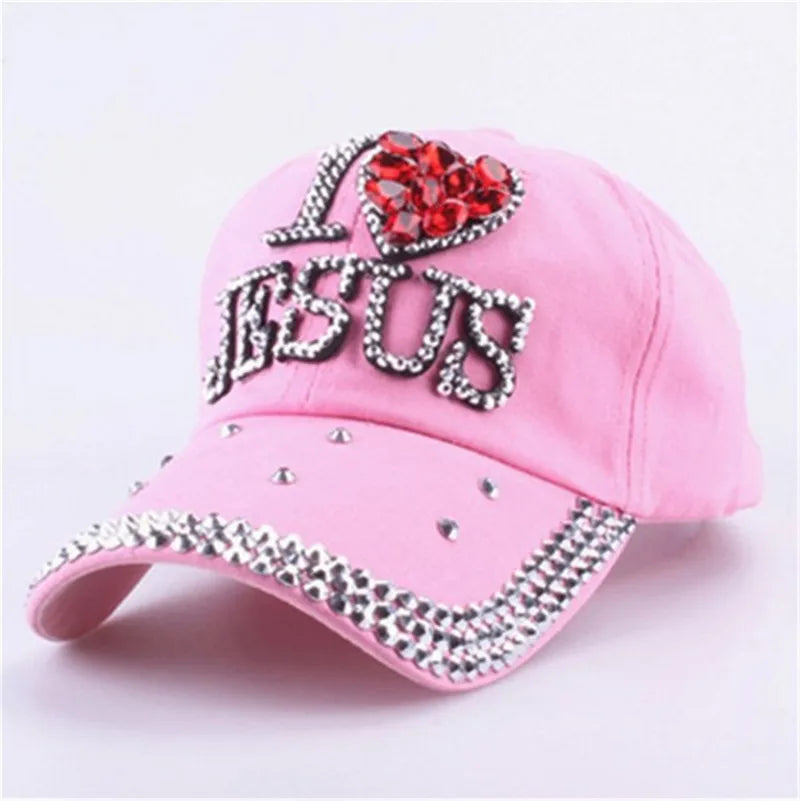 WJ7621 Damen Denimstoff Künstliche Steine Bling Bling Rot I Love Heart Jesus Baumwoll-Baseballkappen Anpassen