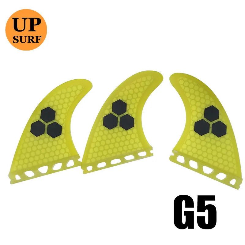 Surfbrett Flossen Set Tri Finnen UPSURF Future S/M/L Honeycomb Fiberglas Orange/Gelb/Blau/Grau/Grün mit schwarzem Logo Funboard Finnen