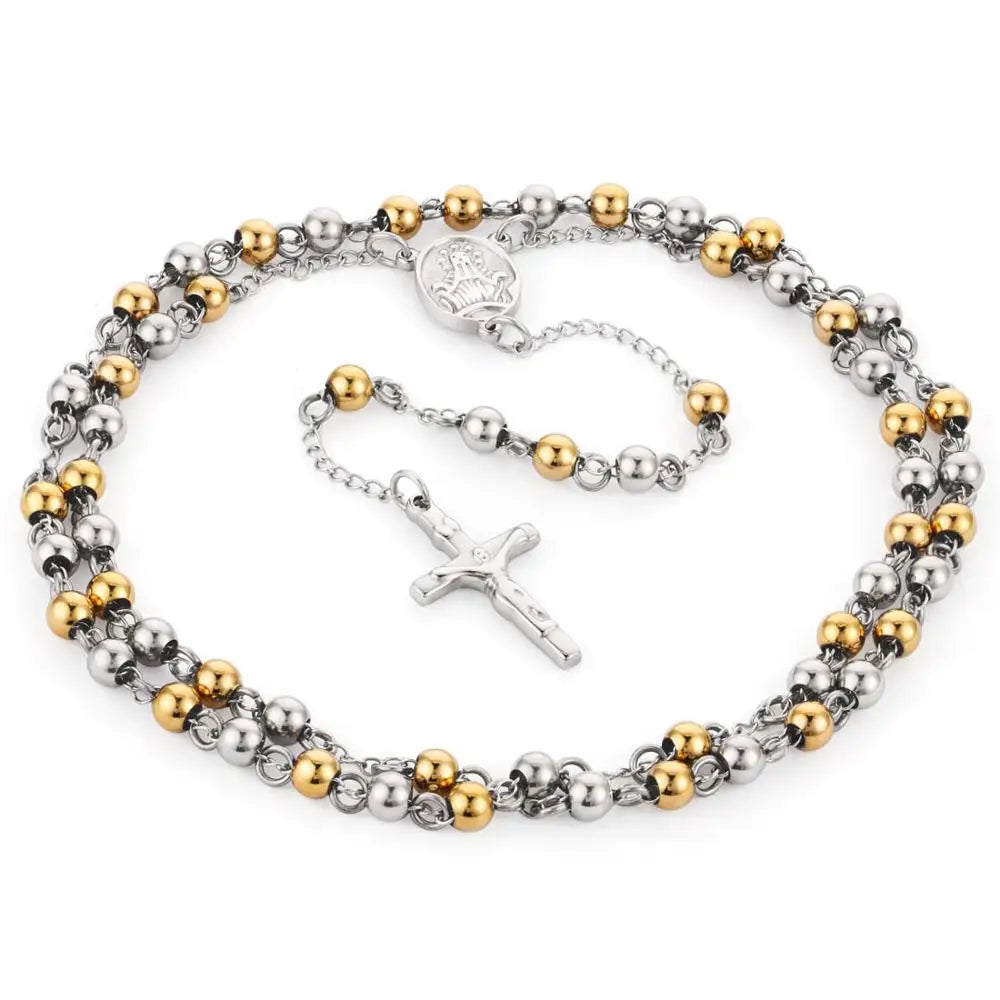 Edelstahl-Perlenkette Goldfarben Rosenkranz-Halsketten Anhänger Jesus Christus Kreuz Lange Kette Herren Damen Schmuck Geschenk NZ009