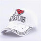 WJ7621 Damen Denimstoff Künstliche Steine Bling Bling Rot I Love Heart Jesus Baumwoll-Baseballkappen Anpassen