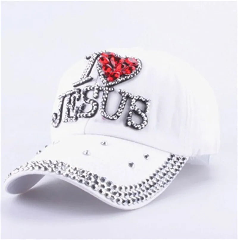 WJ7621 Damen Denimstoff Künstliche Steine Bling Bling Rot I Love Heart Jesus Baumwoll-Baseballkappen Anpassen