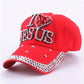 WJ7621 Damen Denimstoff Künstliche Steine Bling Bling Rot I Love Heart Jesus Baumwoll-Baseballkappen Anpassen