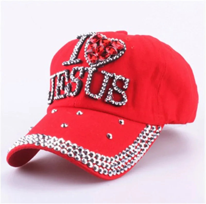 WJ7621 Damen Denimstoff Künstliche Steine Bling Bling Rot I Love Heart Jesus Baumwoll-Baseballkappen Anpassen