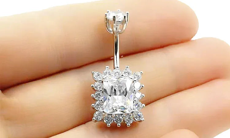 Bauchpiercing aus 925er Sterlingsilber, quadratischer Zirkonia, modischer Bauchnabel-Piercingschmuck