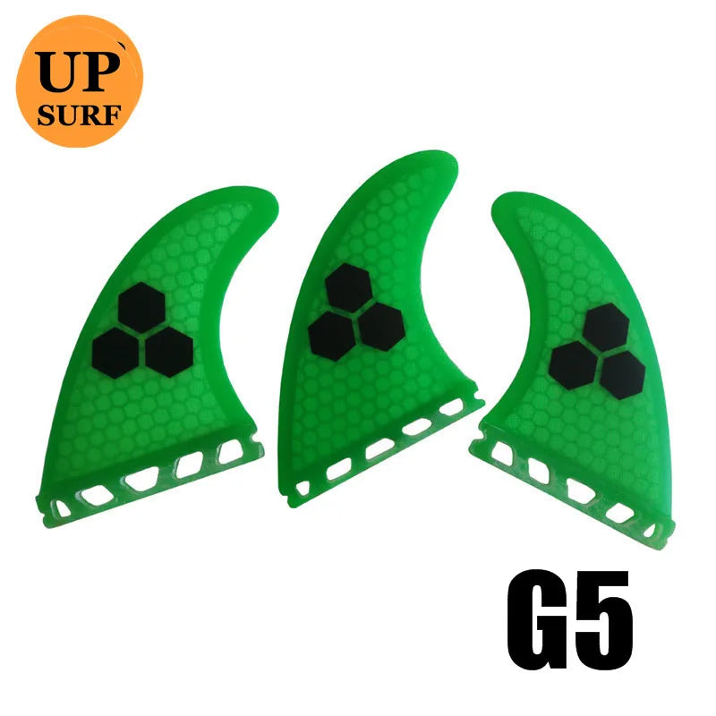 Surfbrett Flossen Set Tri Finnen UPSURF Future S/M/L Honeycomb Fiberglas Orange/Gelb/Blau/Grau/Grün mit schwarzem Logo Funboard Finnen