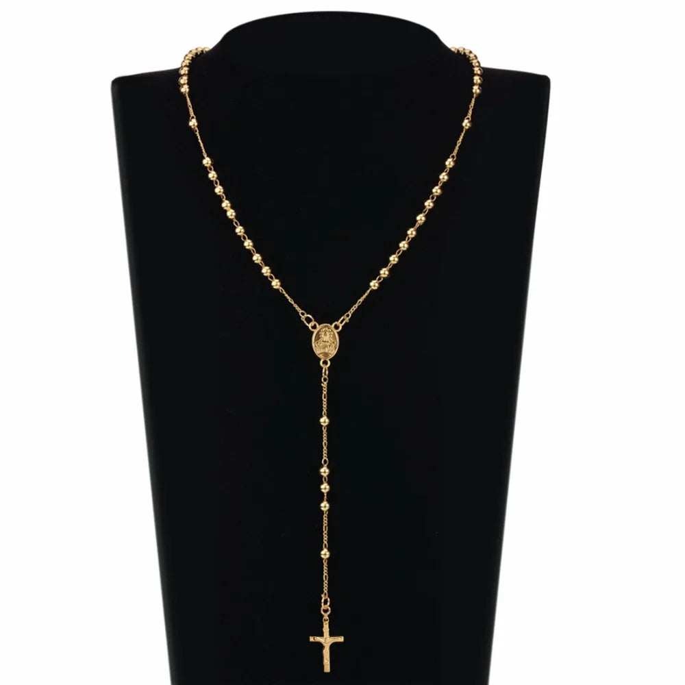 Edelstahl-Perlenkette Goldfarben Rosenkranz-Halsketten Anhänger Jesus Christus Kreuz Lange Kette Herren Damen Schmuck Geschenk NZ009