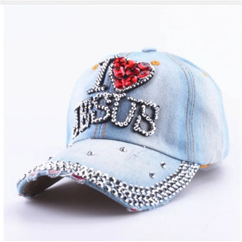 WJ7621 Damen Denimstoff Künstliche Steine Bling Bling Rot I Love Heart Jesus Baumwoll-Baseballkappen Anpassen