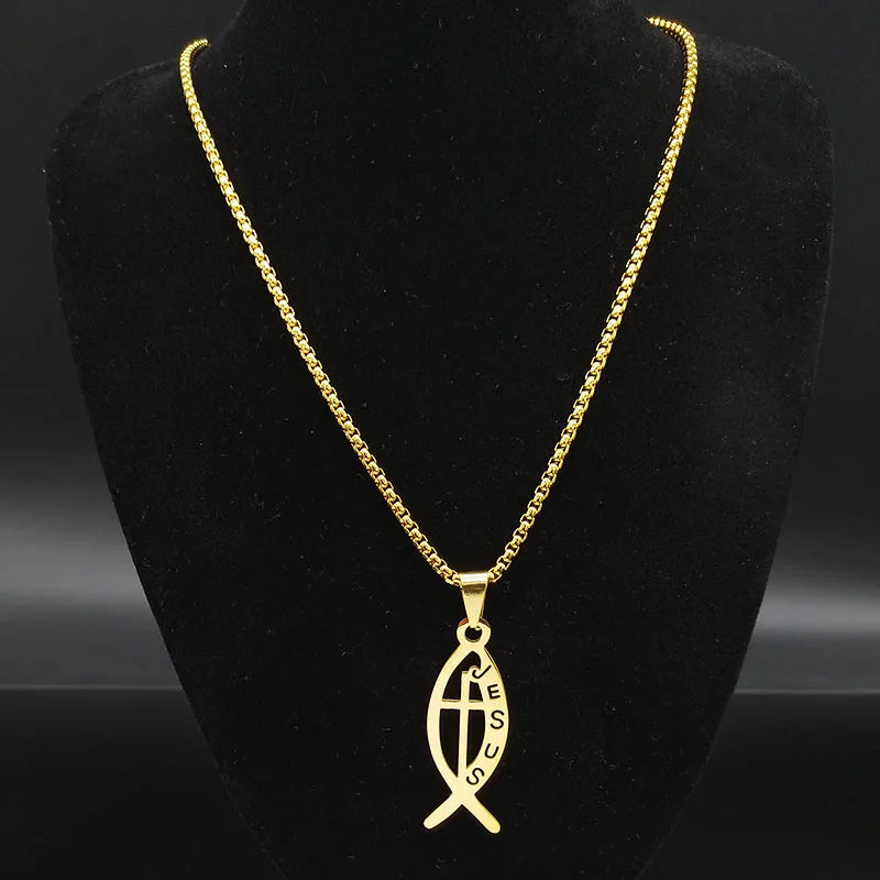 Ichthys Jesus Fisch Kreuz Christus Gott Anhänger Halskette für Frauen Männer Edelstahl Goldfarbe Christliche Kette Schmuck N1482S02