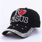 WJ7621 Damen Denimstoff Künstliche Steine Bling Bling Rot I Love Heart Jesus Baumwoll-Baseballkappen Anpassen