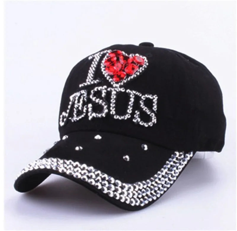 WJ7621 Damen Denimstoff Künstliche Steine Bling Bling Rot I Love Heart Jesus Baumwoll-Baseballkappen Anpassen