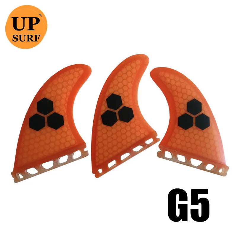 Surfbrett Flossen Set Tri Finnen UPSURF Future S/M/L Honeycomb Fiberglas Orange/Gelb/Blau/Grau/Grün mit schwarzem Logo Funboard Finnen