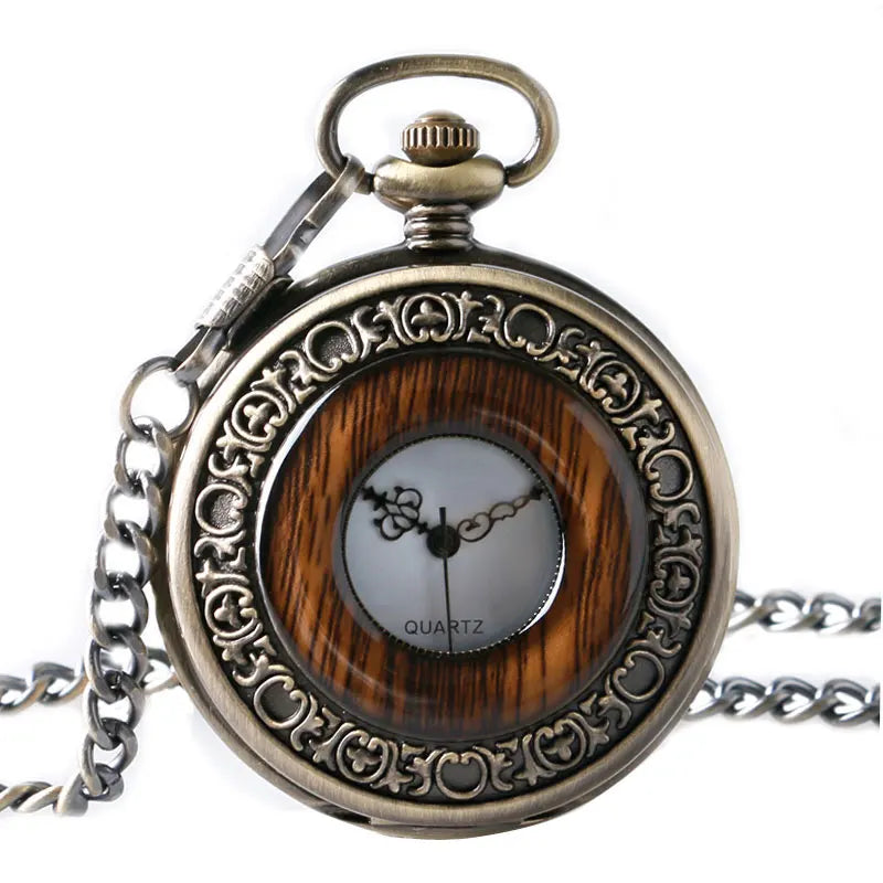 Vintage Wood Round Case Pocket Watch Luxury Quartz Analog Half Hunter for Men Women Fob Wooden Watch with Chain Top Gift Ulzzang