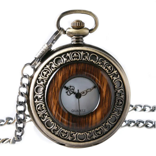 Vintage Holz Rundes Gehäuse Taschenuhr Luxus Quarz Analog Half Hunter für Herren Damen Fob Holzuhr mit Kette Top Geschenk Ulzzang