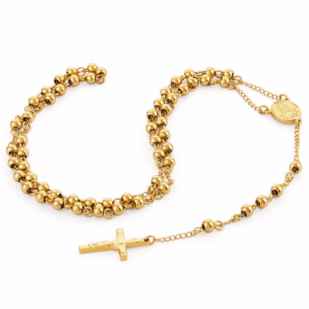Edelstahl-Perlenkette Goldfarben Rosenkranz-Halsketten Anhänger Jesus Christus Kreuz Lange Kette Herren Damen Schmuck Geschenk NZ009