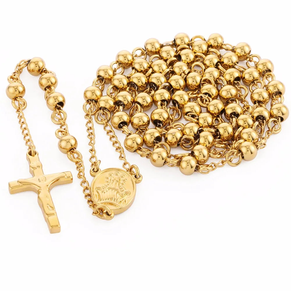 Edelstahl-Perlenkette Goldfarben Rosenkranz-Halsketten Anhänger Jesus Christus Kreuz Lange Kette Herren Damen Schmuck Geschenk NZ009