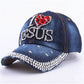 WJ7621 Damen Denimstoff Künstliche Steine Bling Bling Rot I Love Heart Jesus Baumwoll-Baseballkappen Anpassen