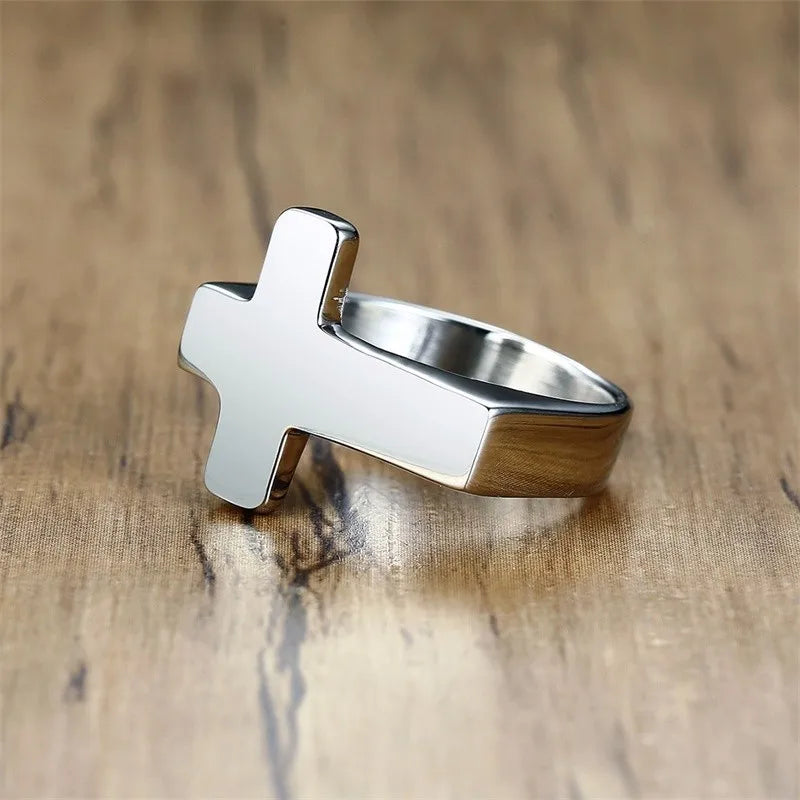 Vnox Einzigartiger Kreuz-Flachring für Herren, glänzender Edelstahl Christus Jesus Gebet Glaube Anel Bruderschaftsringe