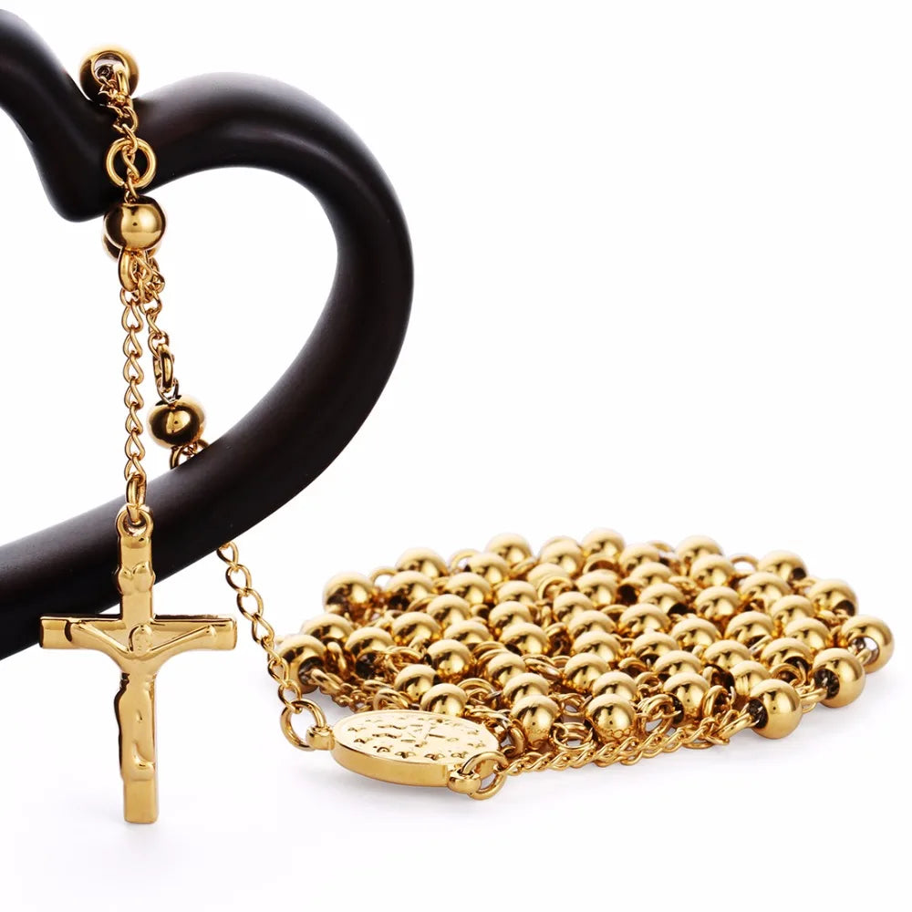 Edelstahl-Perlenkette Goldfarben Rosenkranz-Halsketten Anhänger Jesus Christus Kreuz Lange Kette Herren Damen Schmuck Geschenk NZ009